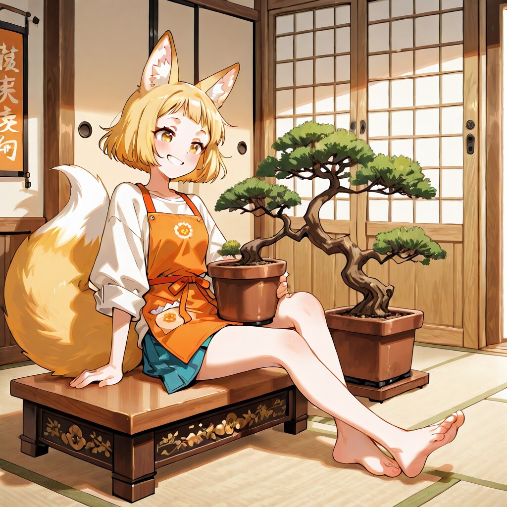 高さが違う二つの植木鉢が必要な不安定でありながら独創的な盆栽を手に入れた狐耳女子