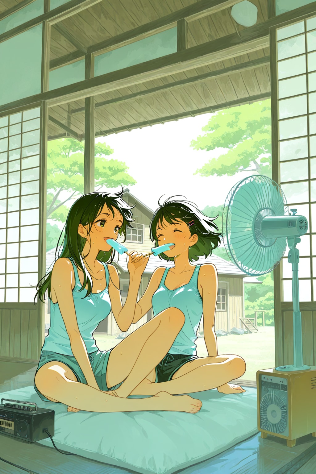 昭和の田舎の夏のアイス食べながらラジオを聴く2人の少女📻❤️