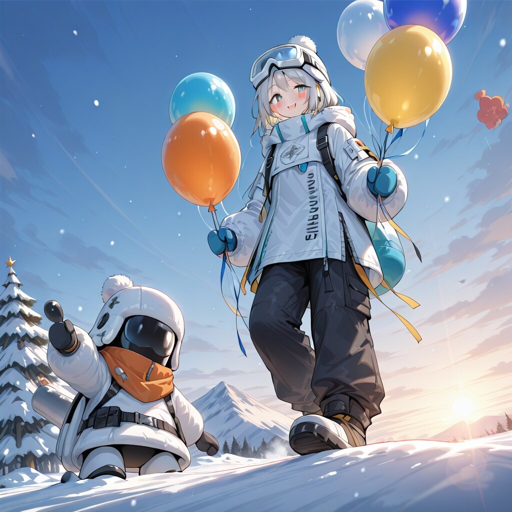 いっぱい色とりどりの風船を持つ白い髪ロングのスノーボード選手の美女