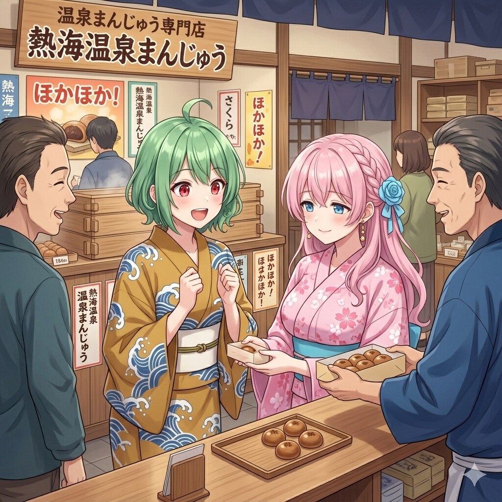温泉まんじゅうを買うひなみとこまの