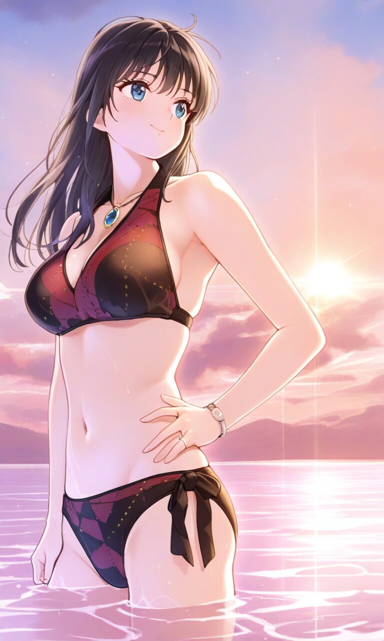 鮎川まどかさんの赤黒ビキニ姿