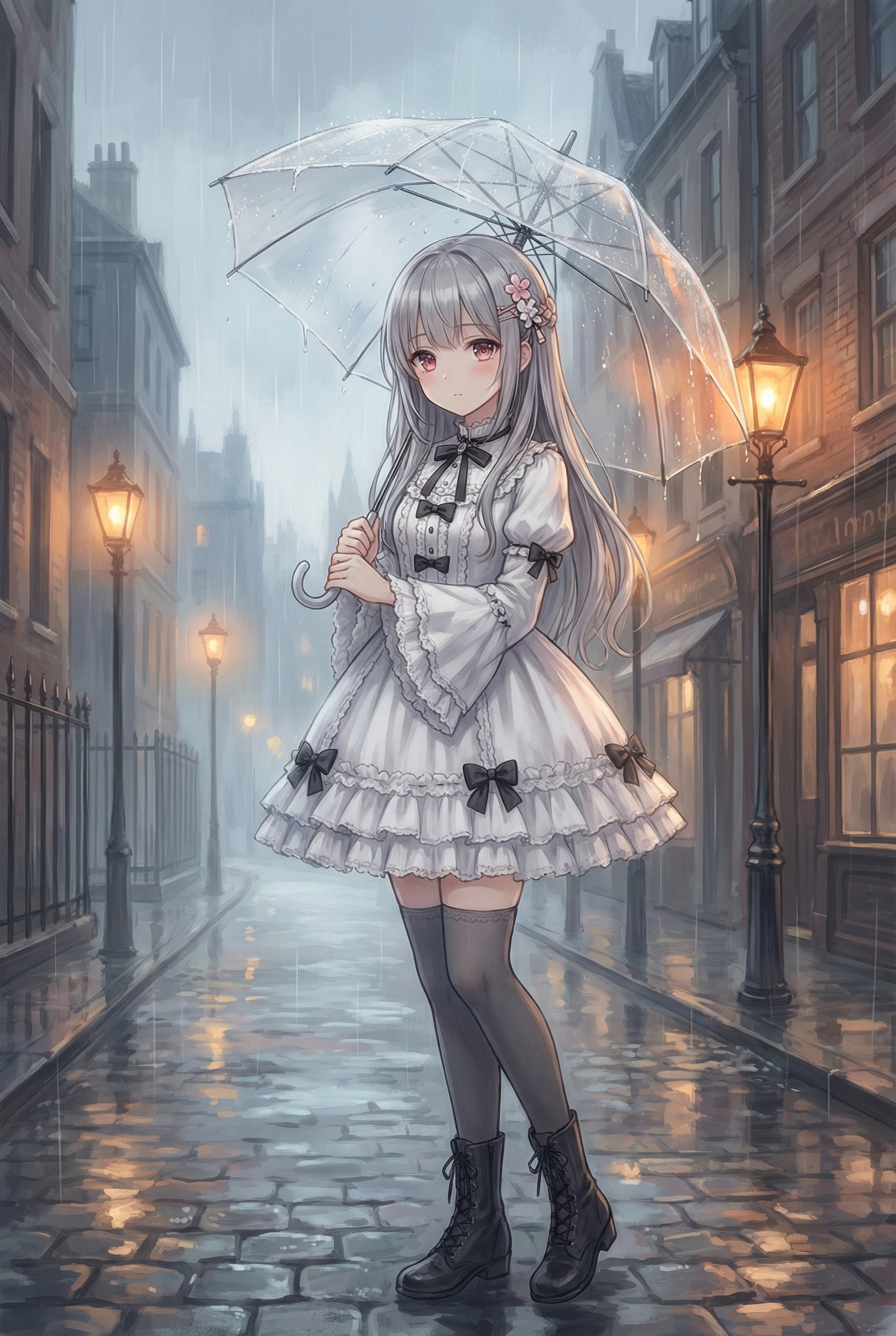 銀雨に佇む透傘 | の人気AIイラスト・グラビア