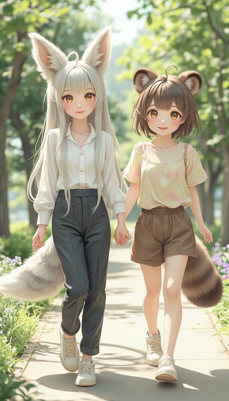 お散歩　二人は仲良し（フェネックと狸）