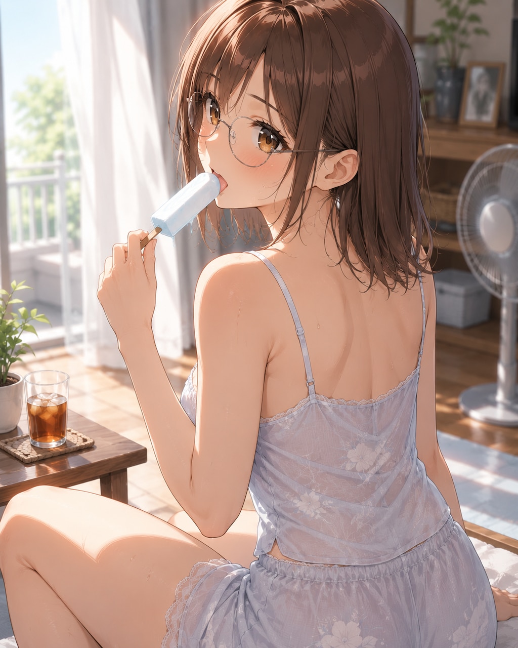 アイスを食べる若妻