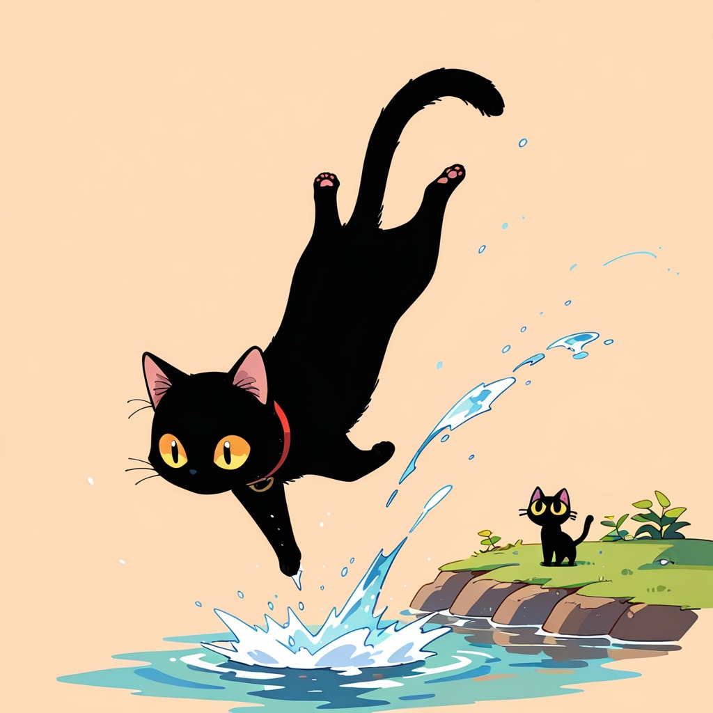 黒猫の水遊び