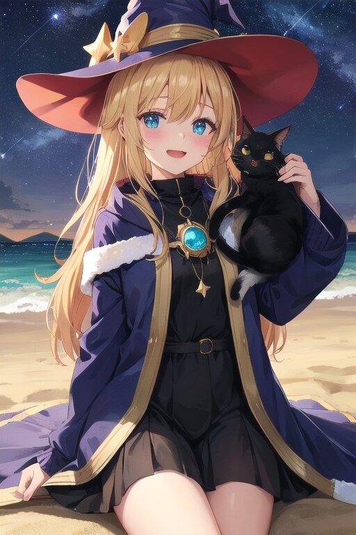 砂浜の魔女と黒猫 | の人気AIイラスト・グラビア
