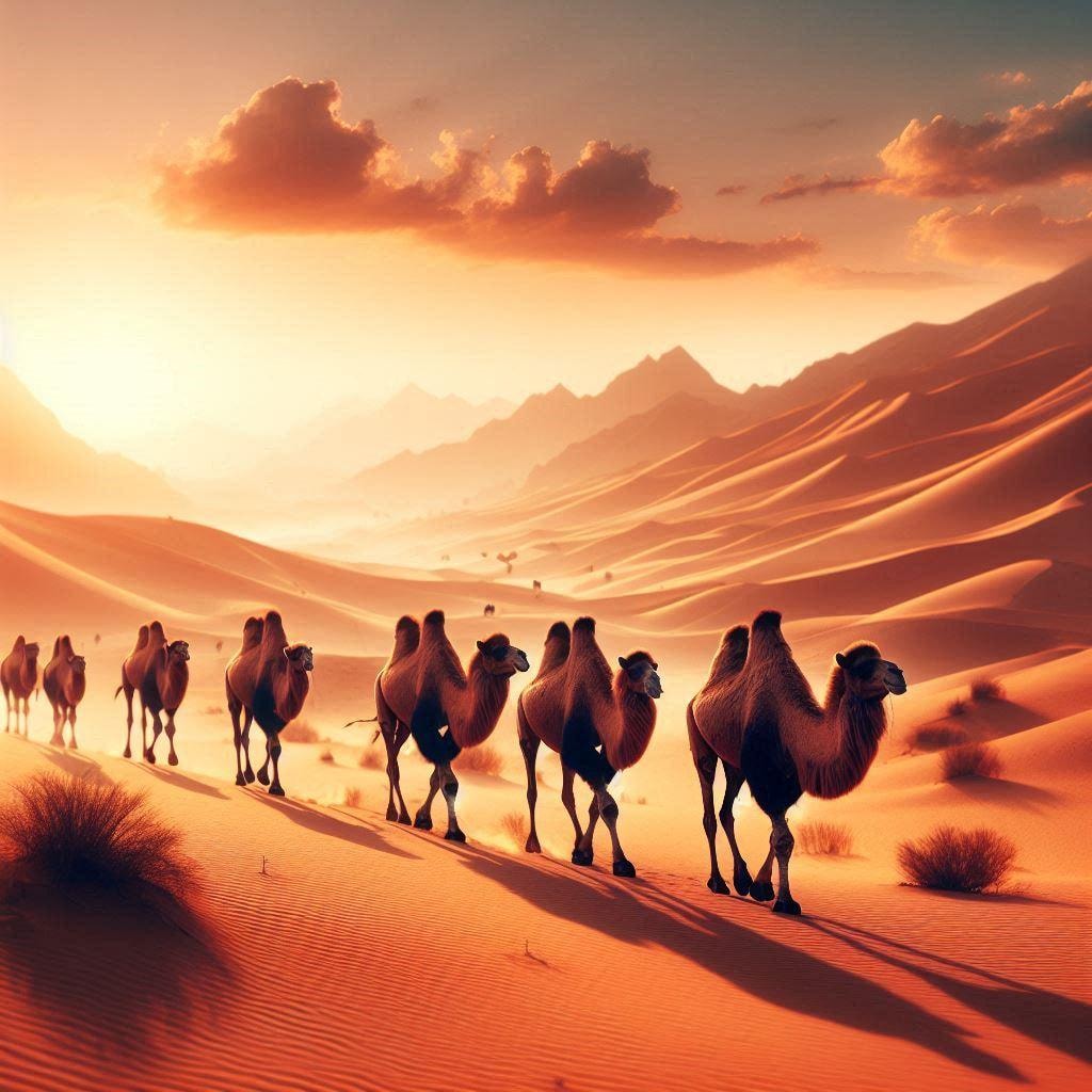 砂漠を歩くラクダ