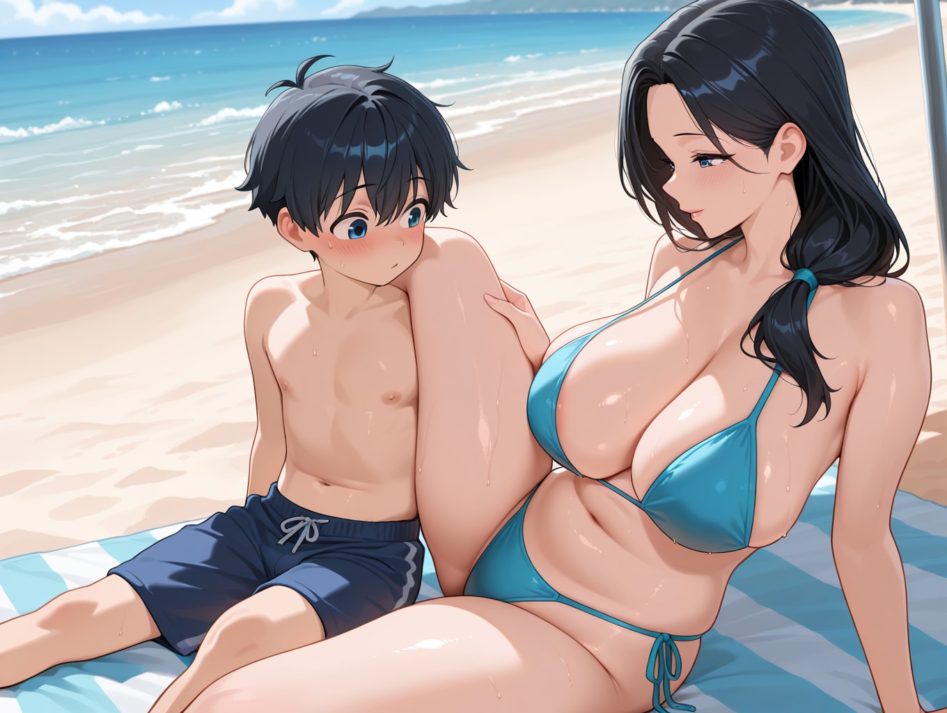 母と息子は休みの日にビーチへ出かけた！