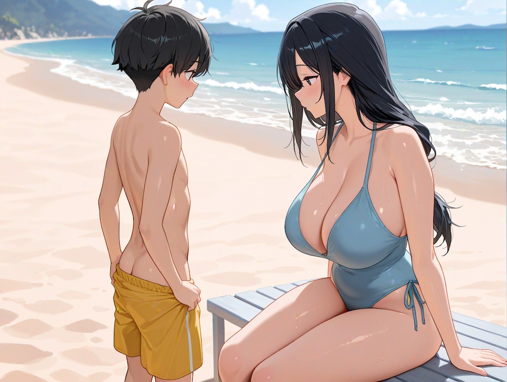 母と息子は休みの日にビーチへ出かけた！
