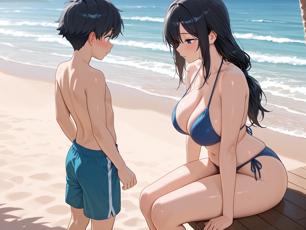 母と息子は休みの日にビーチへ出かけた！