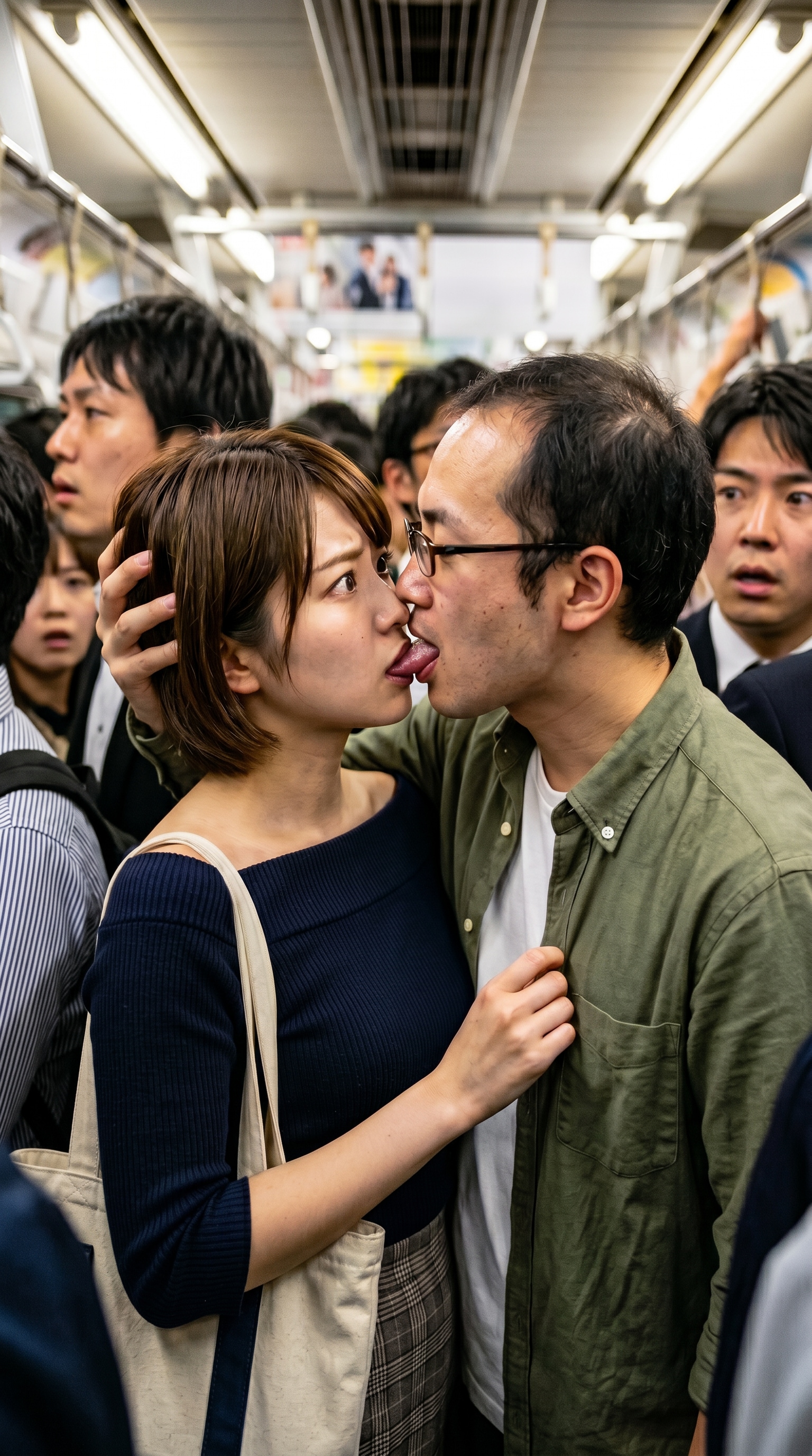 満員電車で突然見知らぬキモ男にキスされる女性