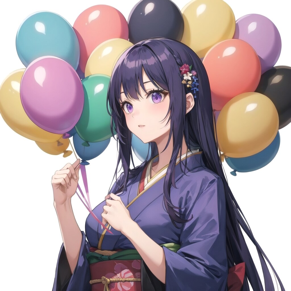 いっぱい色とりどりの風船を持つ紫髪ロングの着物着た美女 | の人気AIイラスト・グラビア