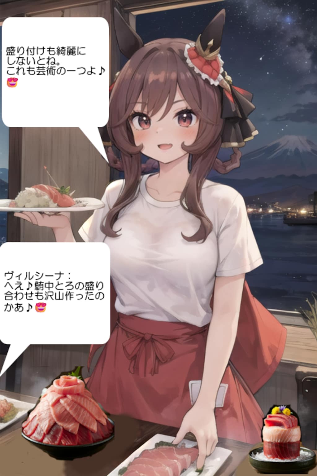ウマ娘・ジェンティルちゃん、富士山が見える田子の浦漁港そばの海鮮レストランでファンに鮪の刺身料理を大量に提供して喜ばせる