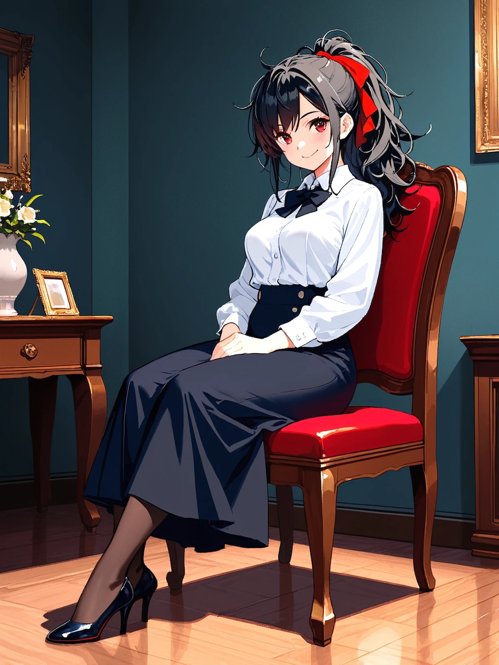 黒髪ポニテ娘のロンスカ姿