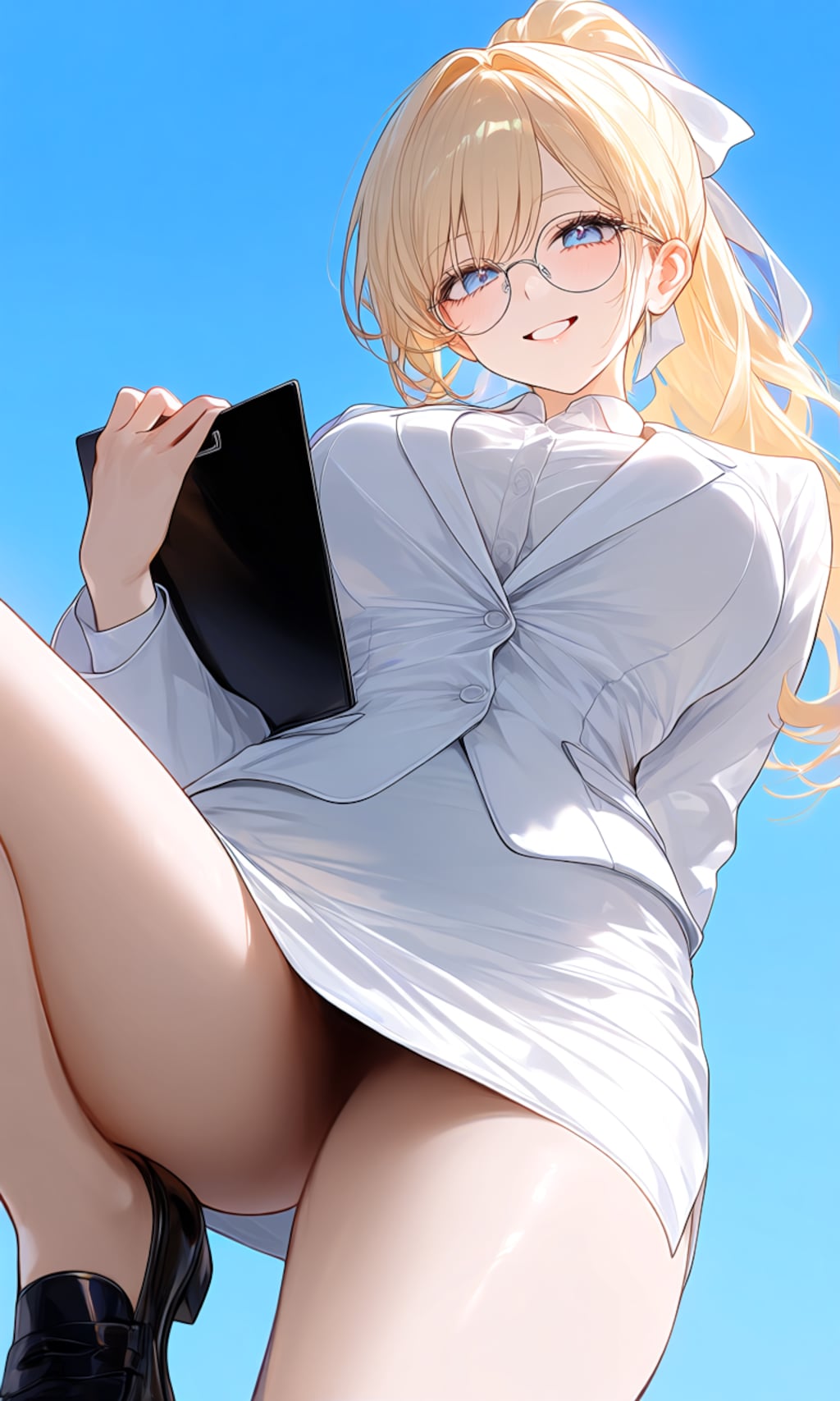 働く金髪ポニーテール