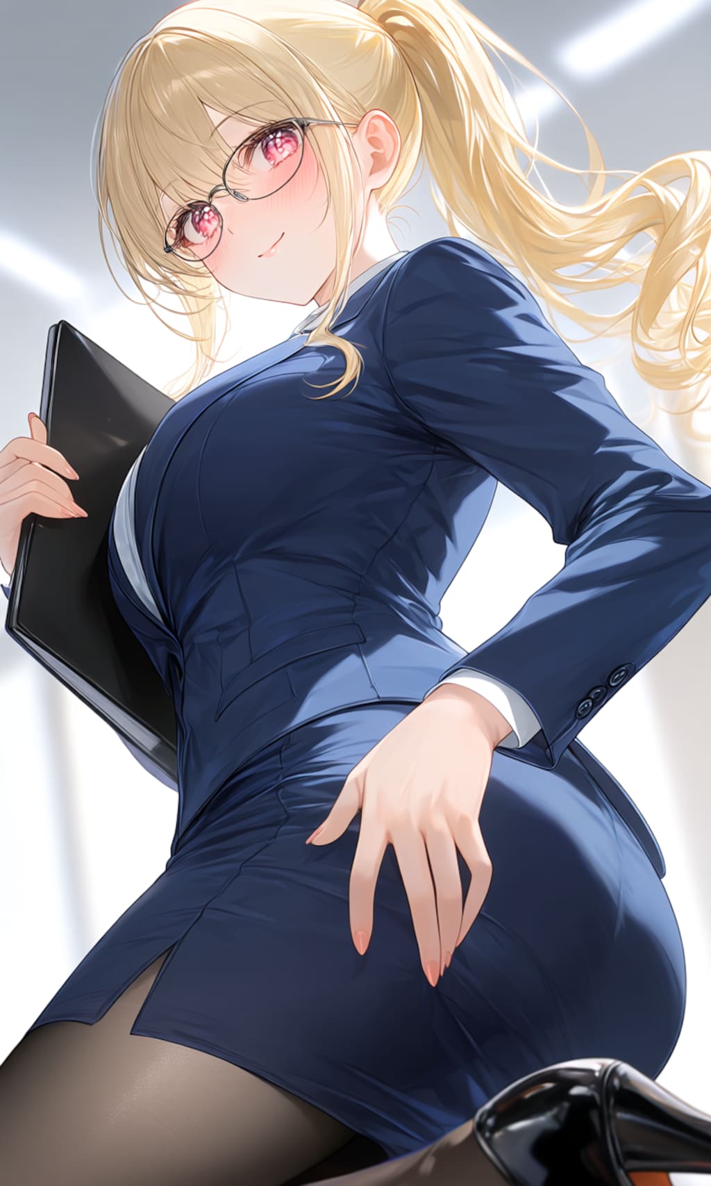 働く金髪ポニーテール