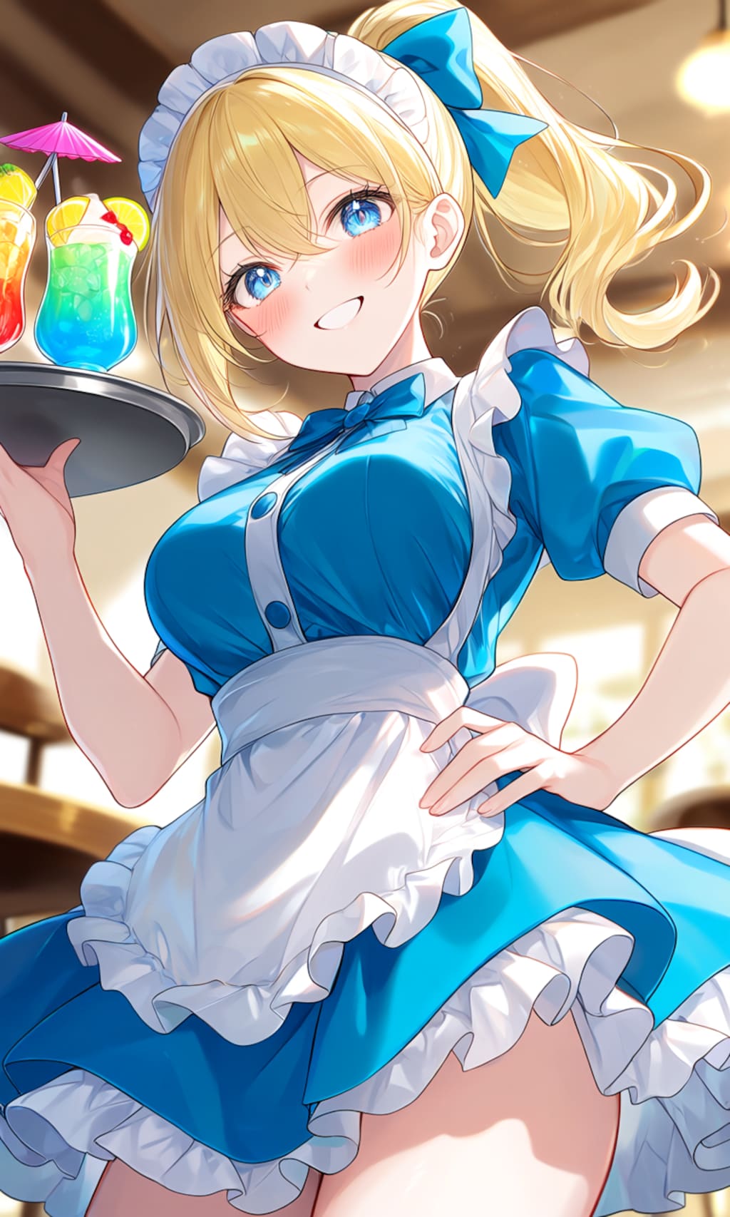 働く金髪ポニーテール