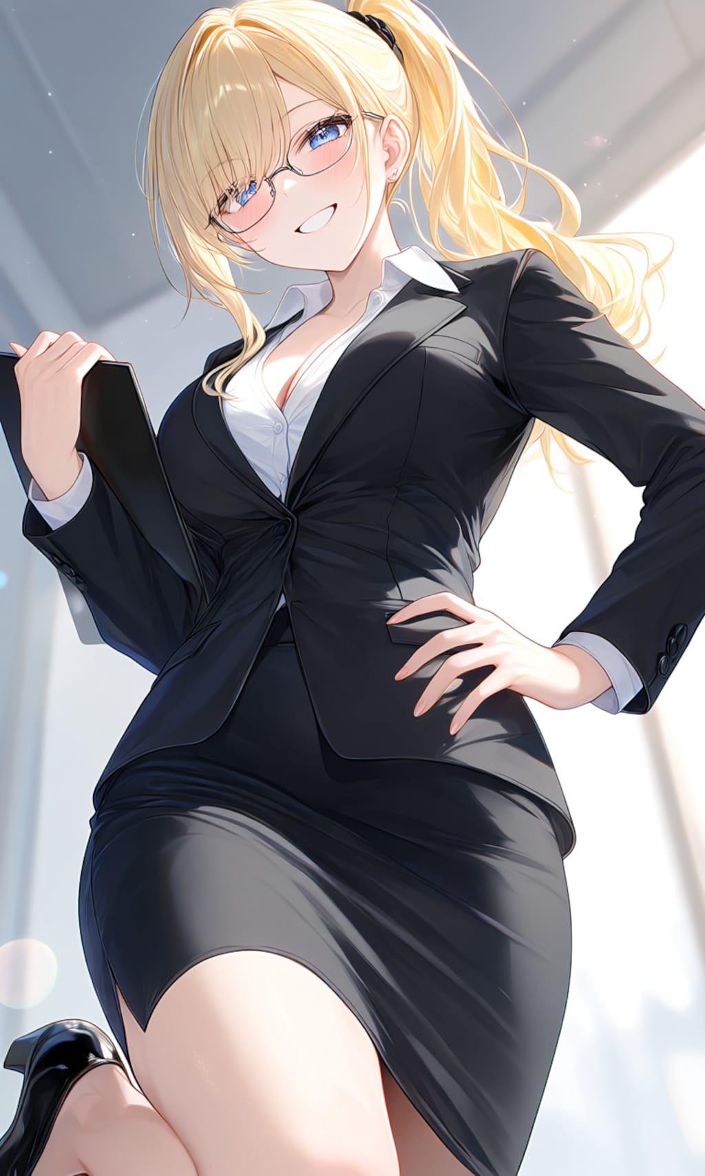 働く金髪ポニーテール