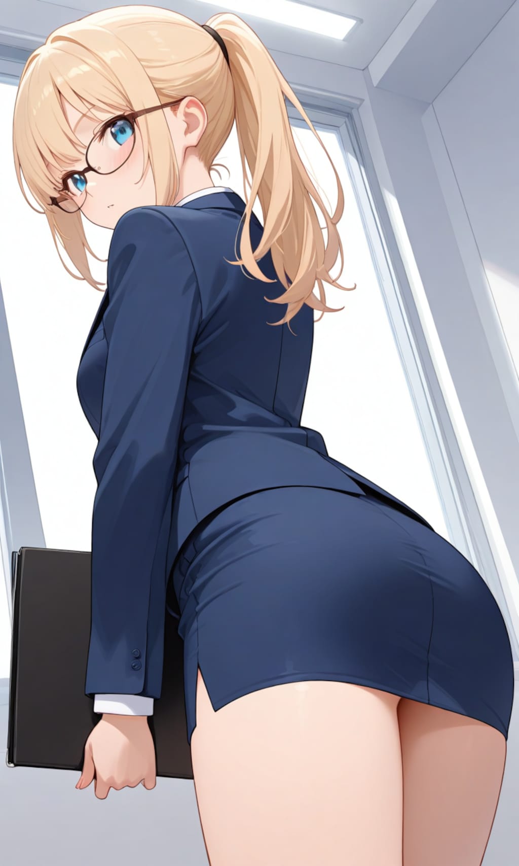 働く金髪ポニーテール