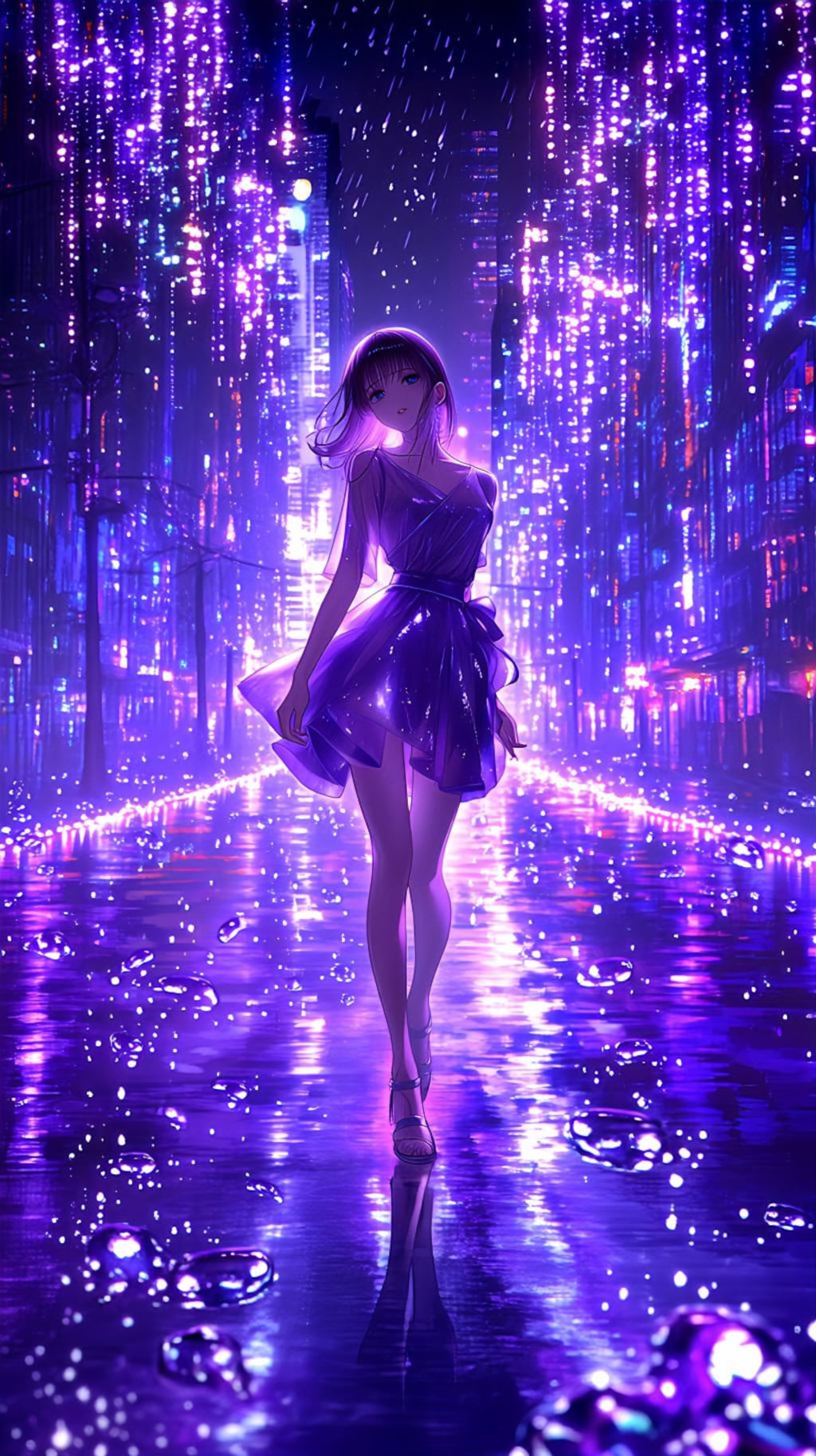 紫雨のネオン街で待つ少女