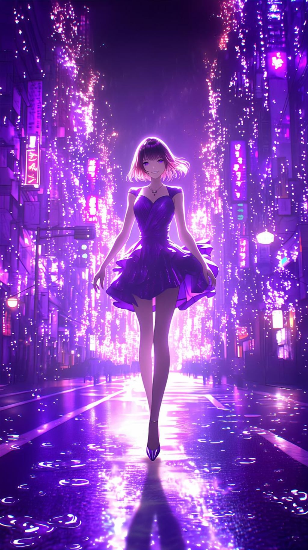 紫雨のネオン街で待つ少女