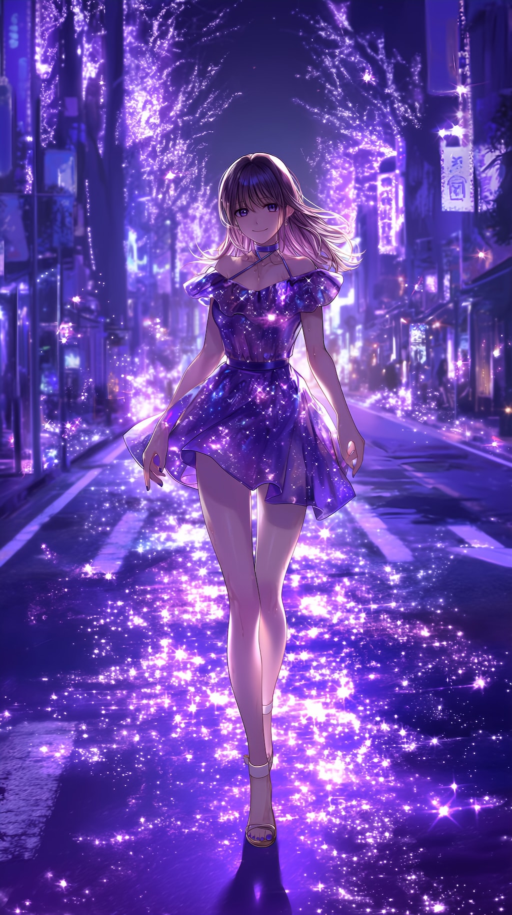 紫雨のネオン街で待つ少女