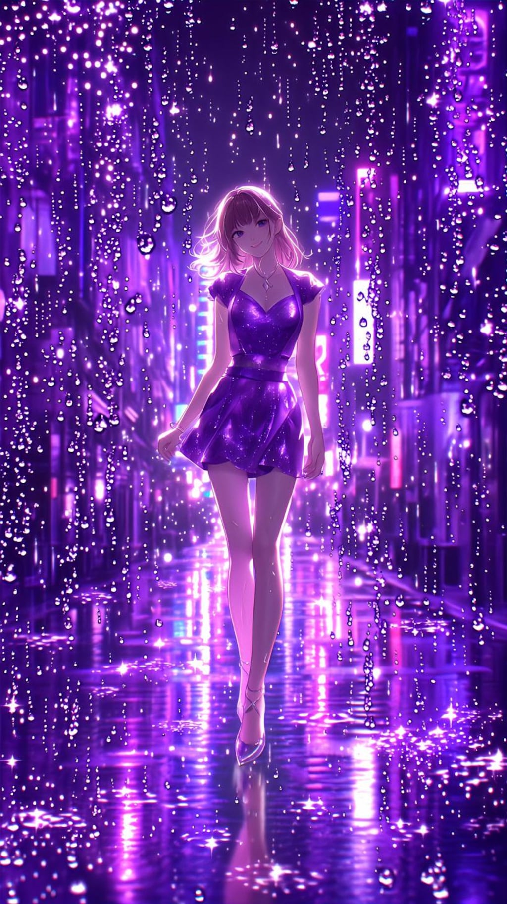 紫雨のネオン街で待つ少女