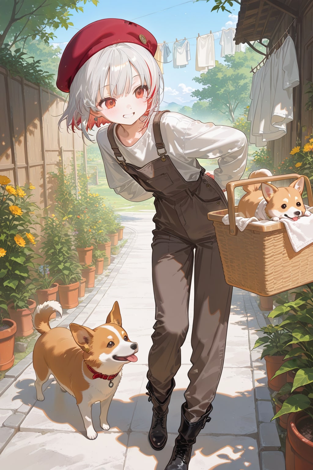 コーギーと洗濯物と白遊ちむちゃん