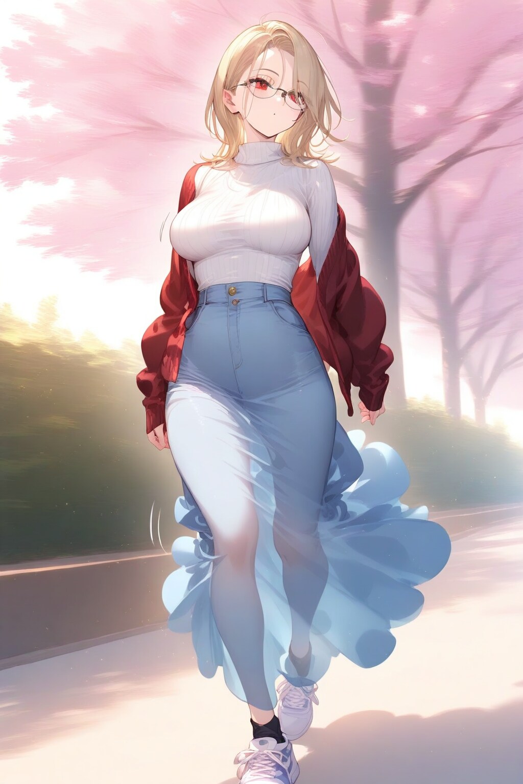 桜並木と金髪ちゃん