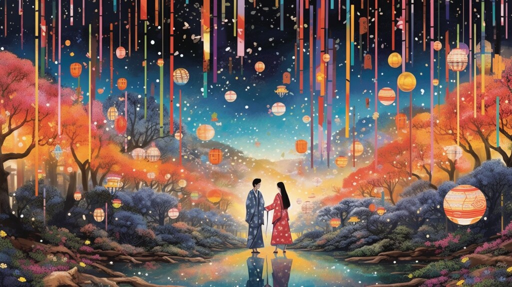 燈篭と夜空の下で