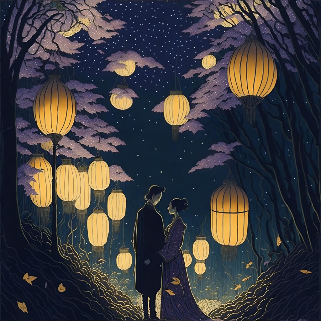 燈篭と夜空の下で
