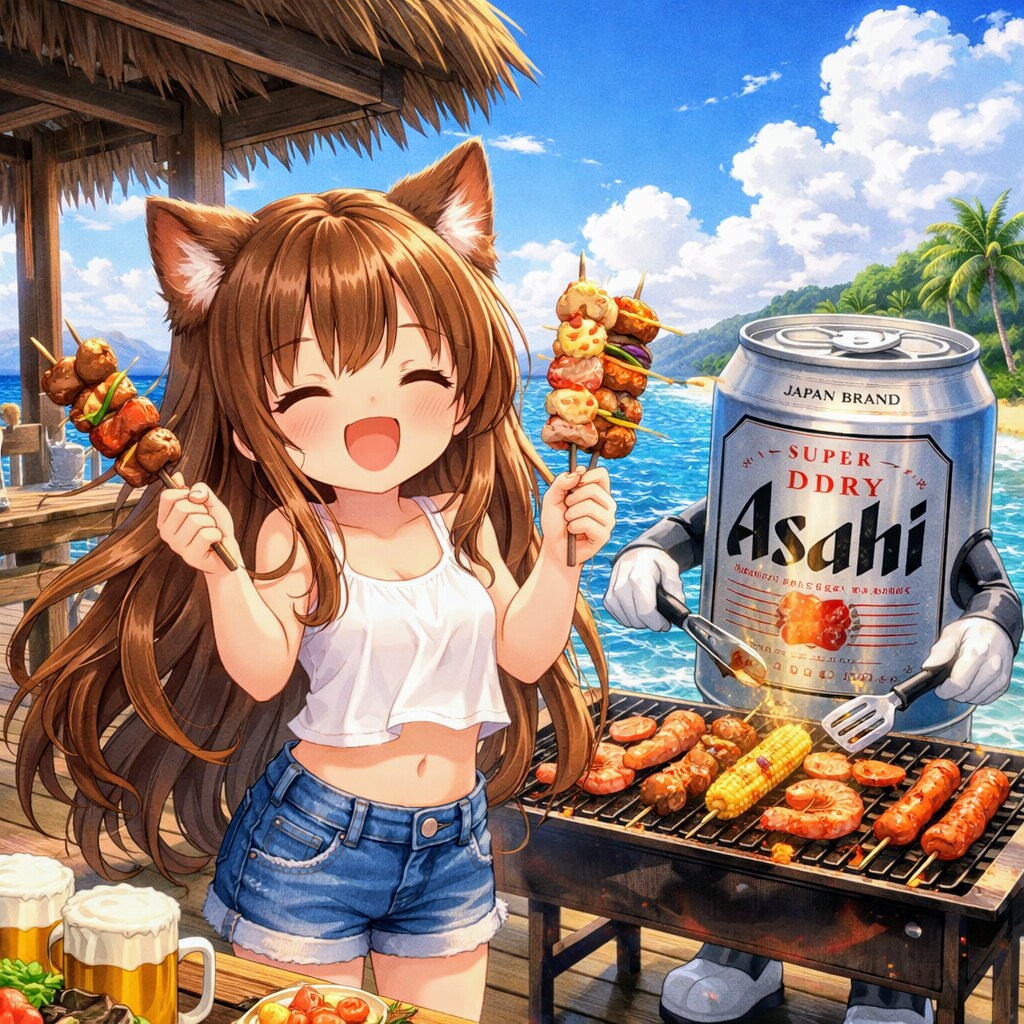 海のコテージでバーベキューをしてる小さな女の子