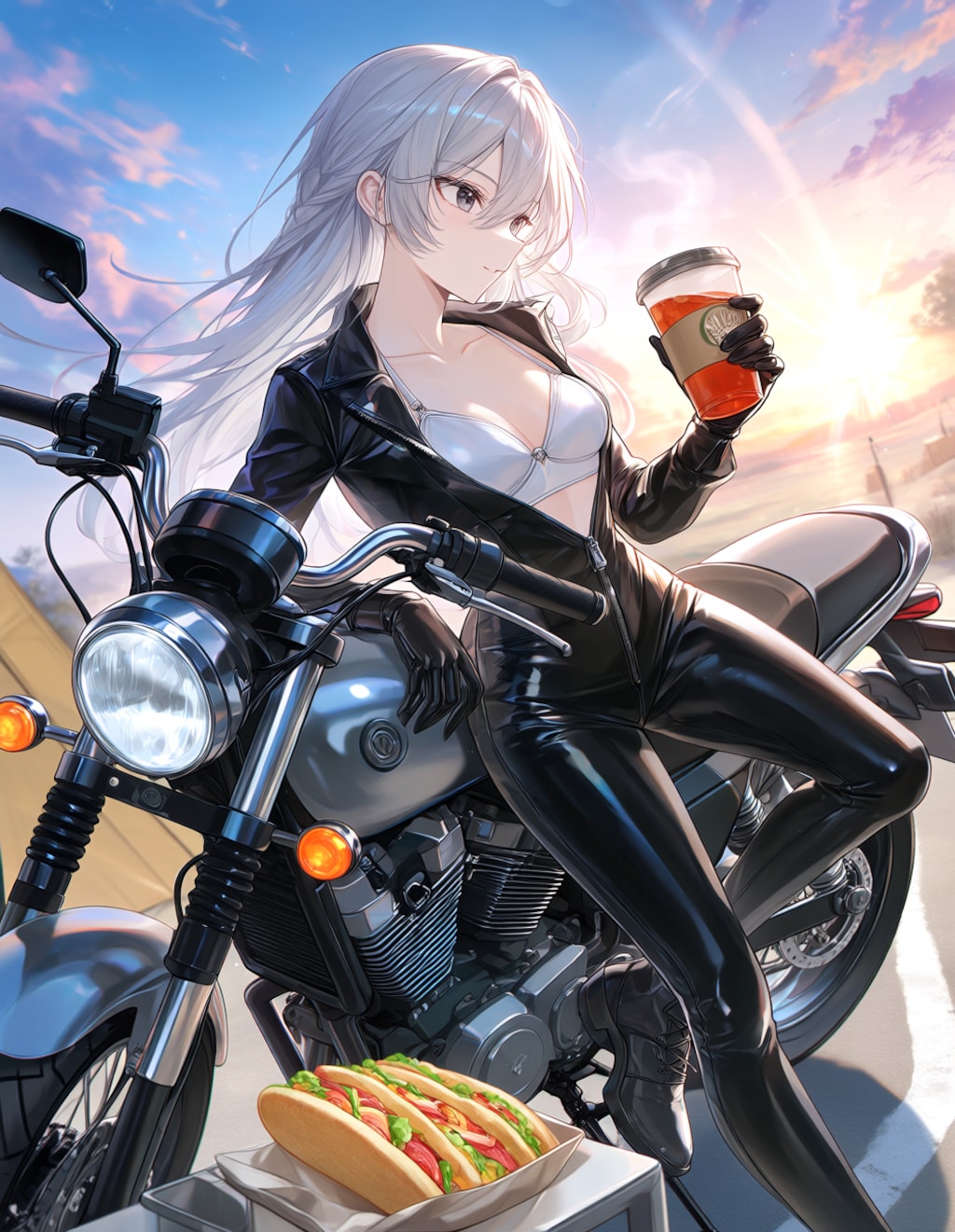 ラバースーツの宮成桃さんとバイク(PixAI版)