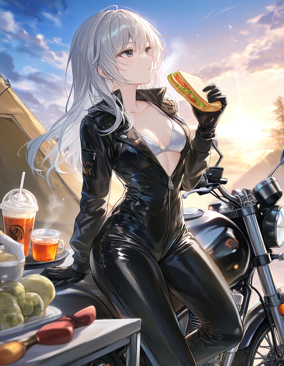 ラバースーツの宮成桃さんとバイク(PixAI版)