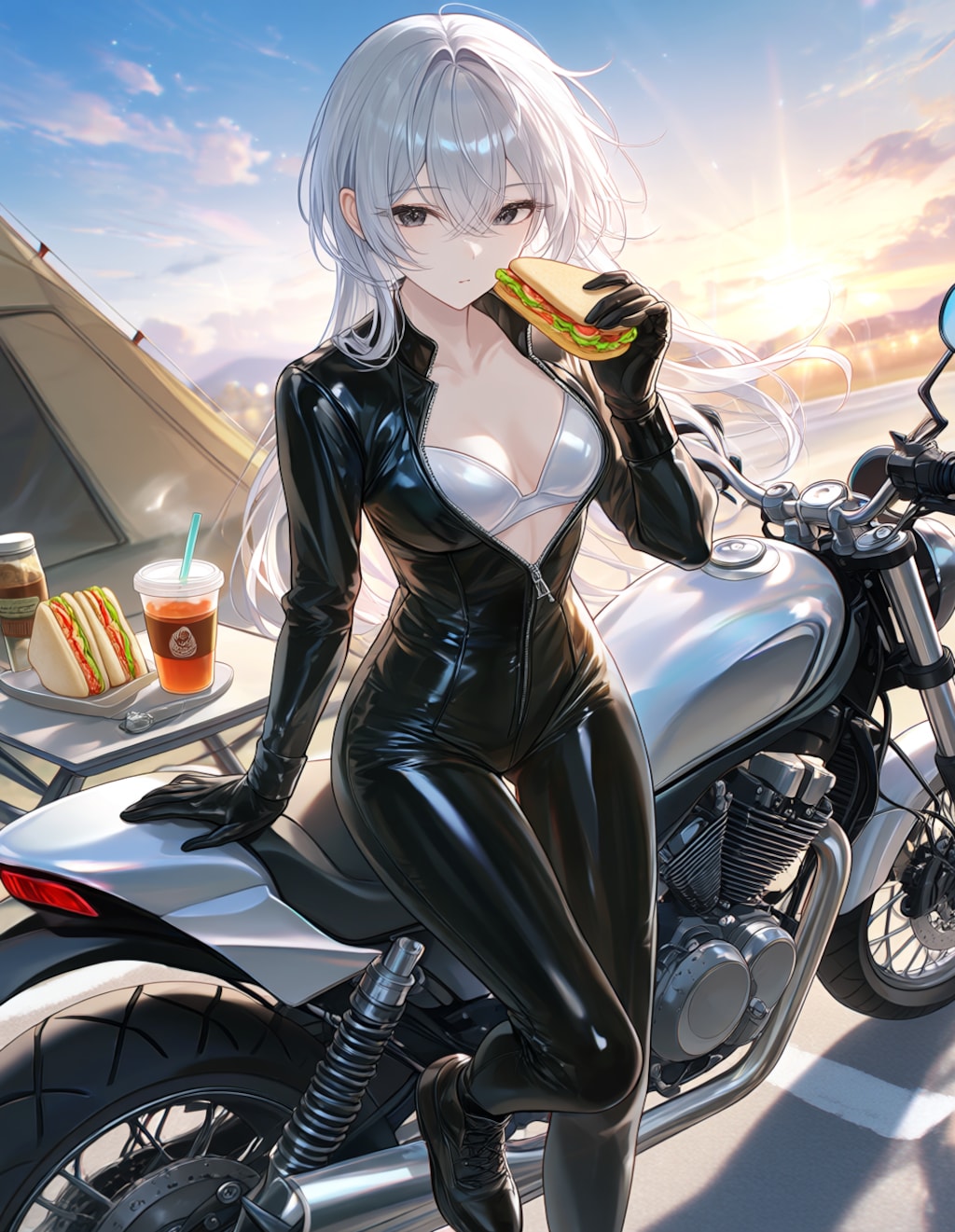 ラバースーツの宮成桃さんとバイク(PixAI版)