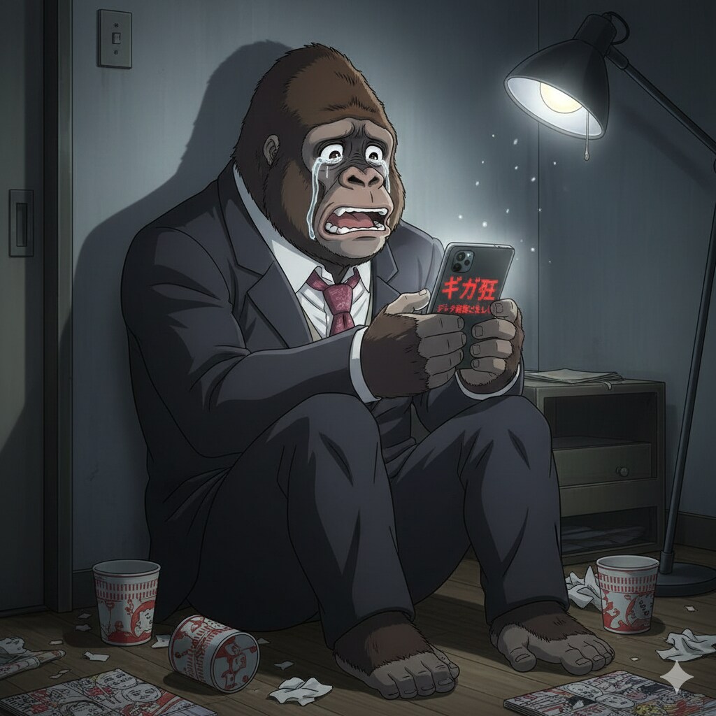 スマホを見てギガが足りない(ギガ死)に絶望するセンチメンタルゴリラ | の人気AIイラスト・グラビア