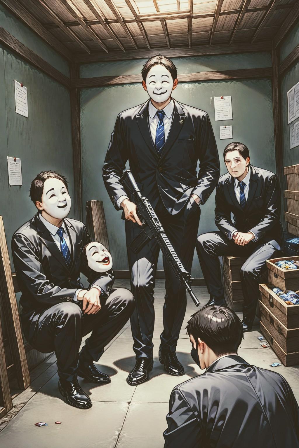 待機部屋の能面衆