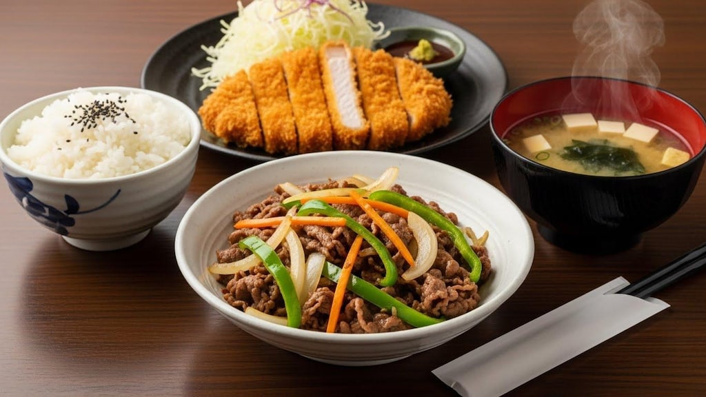 摩訶不思議食堂の青椒肉絲ととんかつのセット