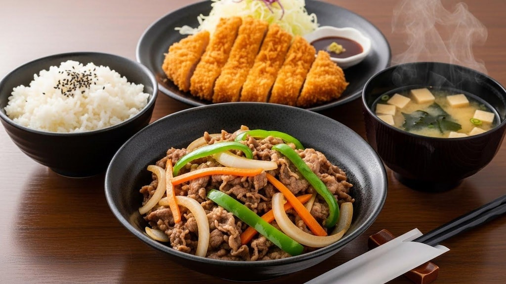 摩訶不思議食堂の青椒肉絲ととんかつのセット