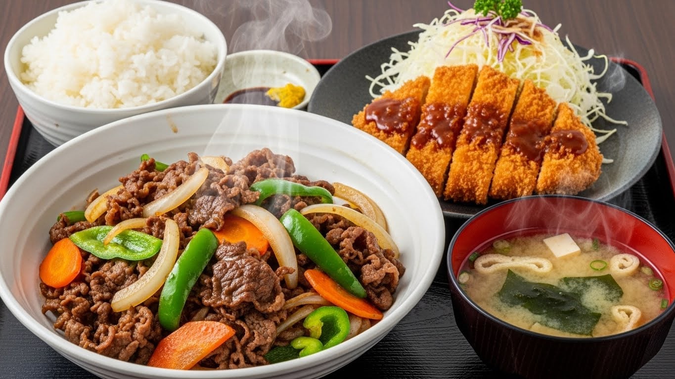 摩訶不思議食堂の青椒肉絲ととんかつのセット | の人気AIイラスト・グラビア