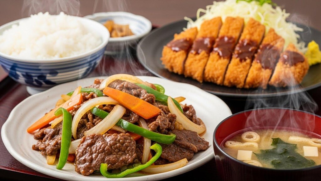 摩訶不思議食堂の青椒肉絲ととんかつのセット