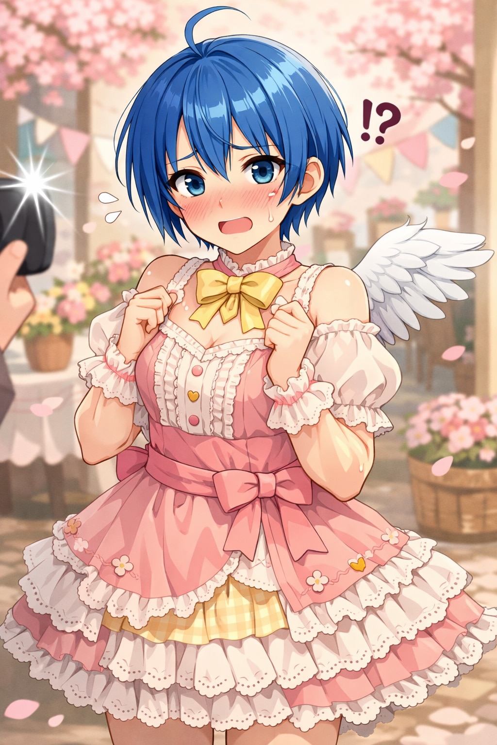 慣れない姿で写真を撮られて戸惑う片翼天使 | の人気AIイラスト・グラビア