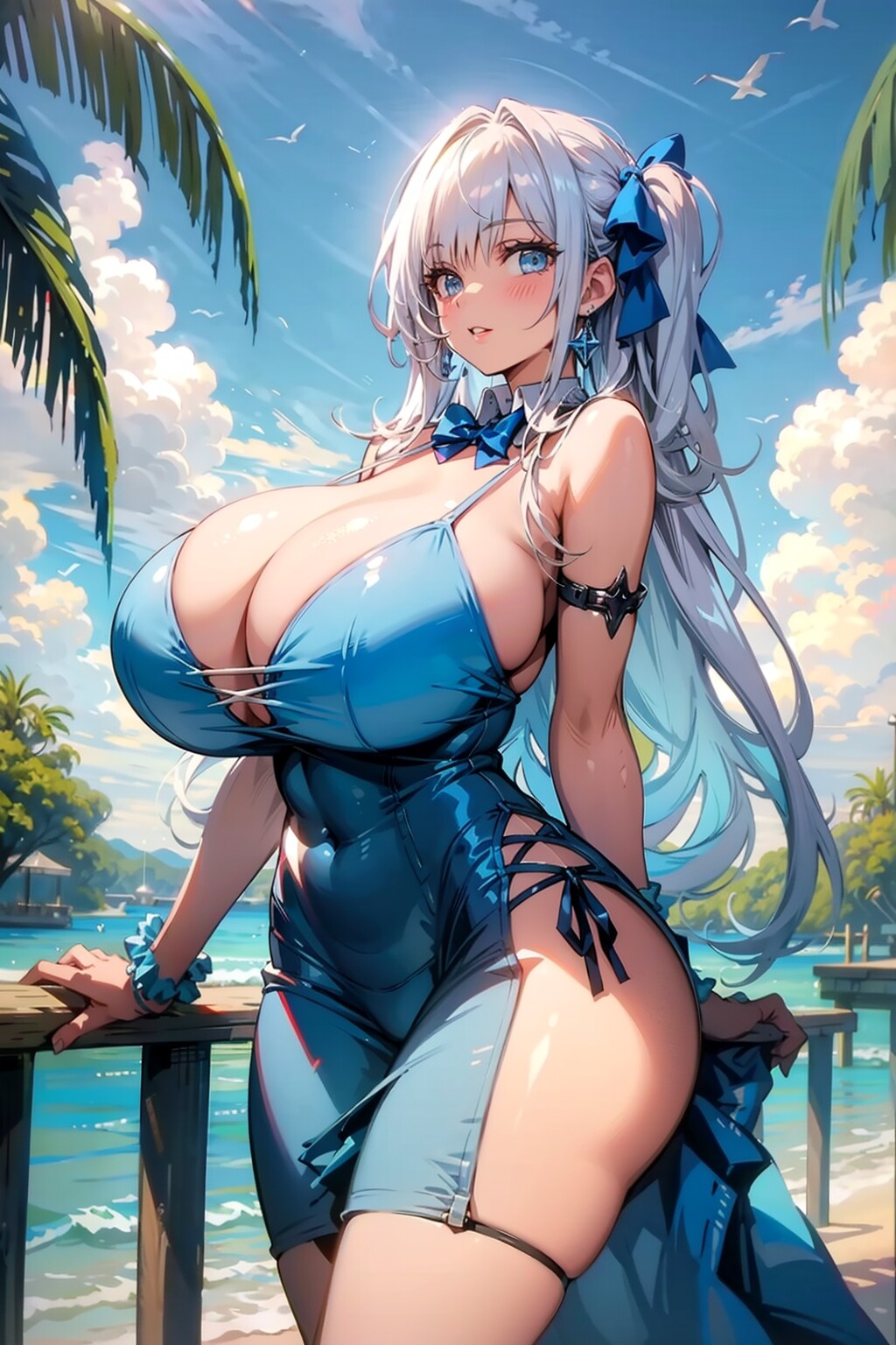 渚のデッキの美女