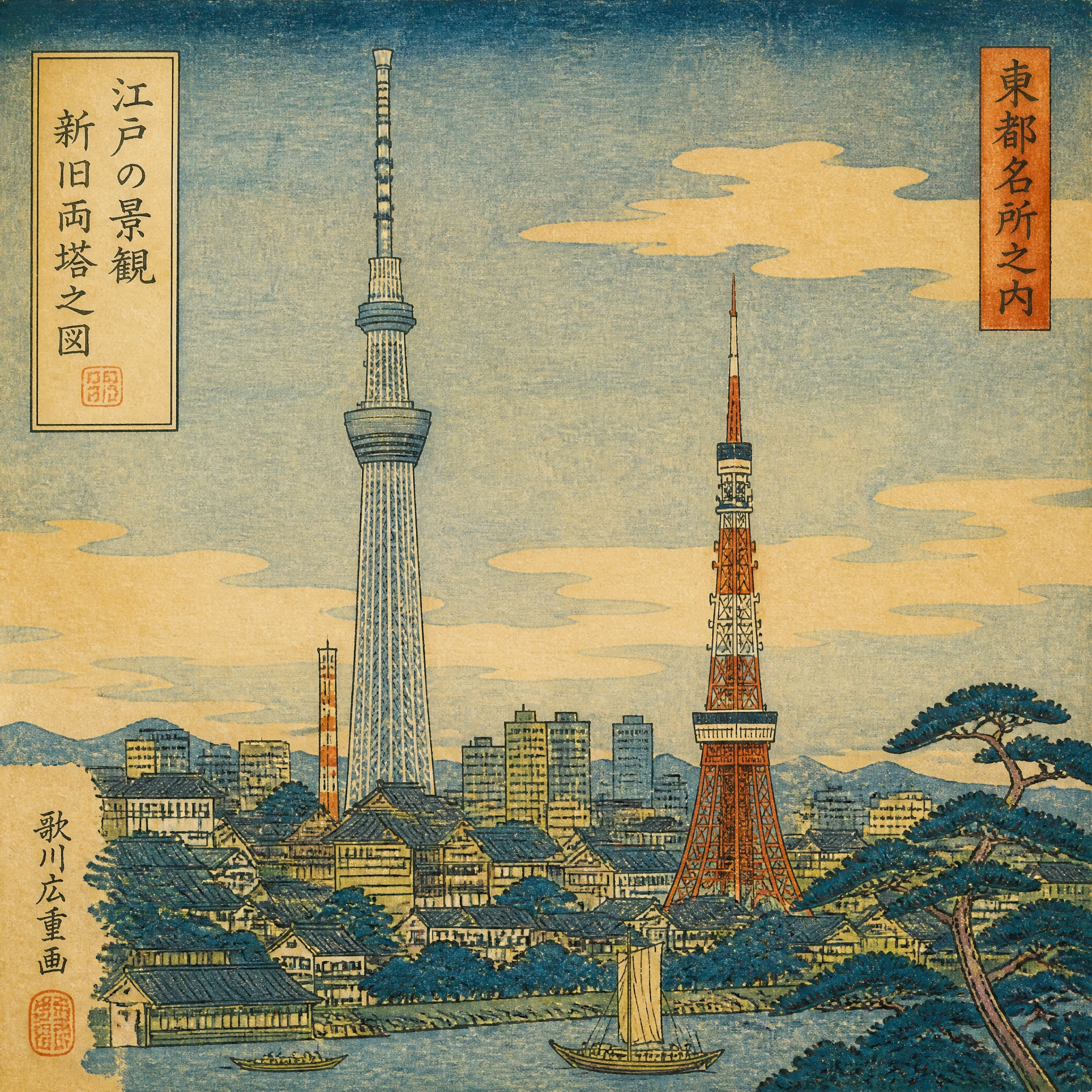 東京新旧両塔之図