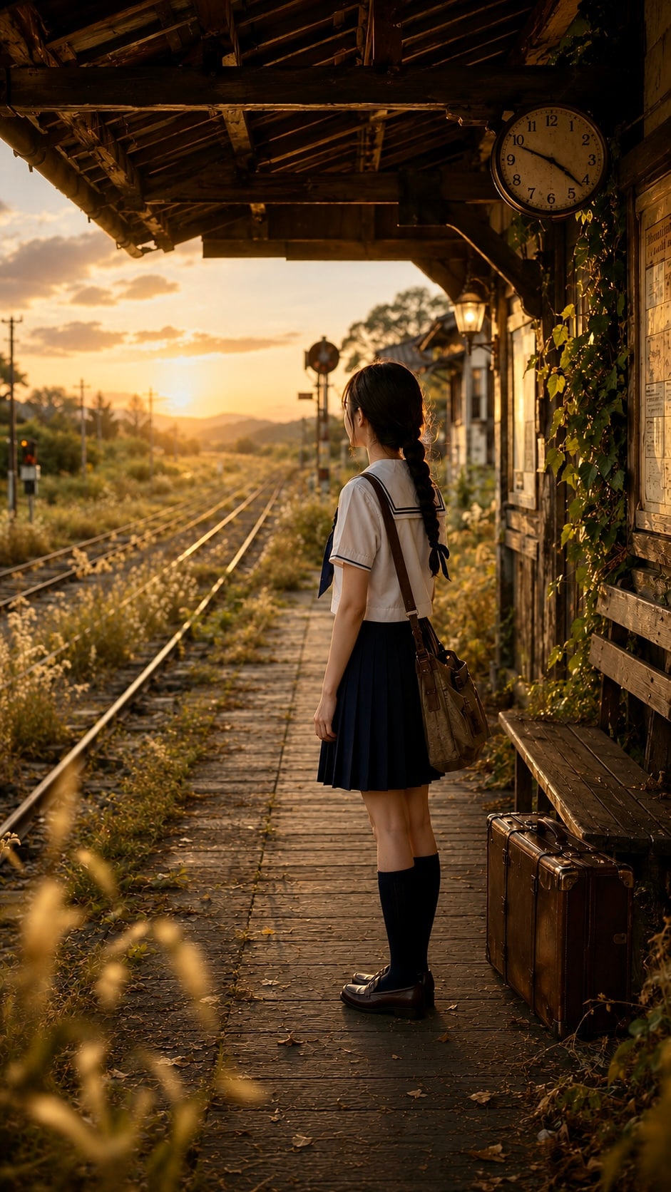 廃駅の木造駅舎で想いを馳せる少女