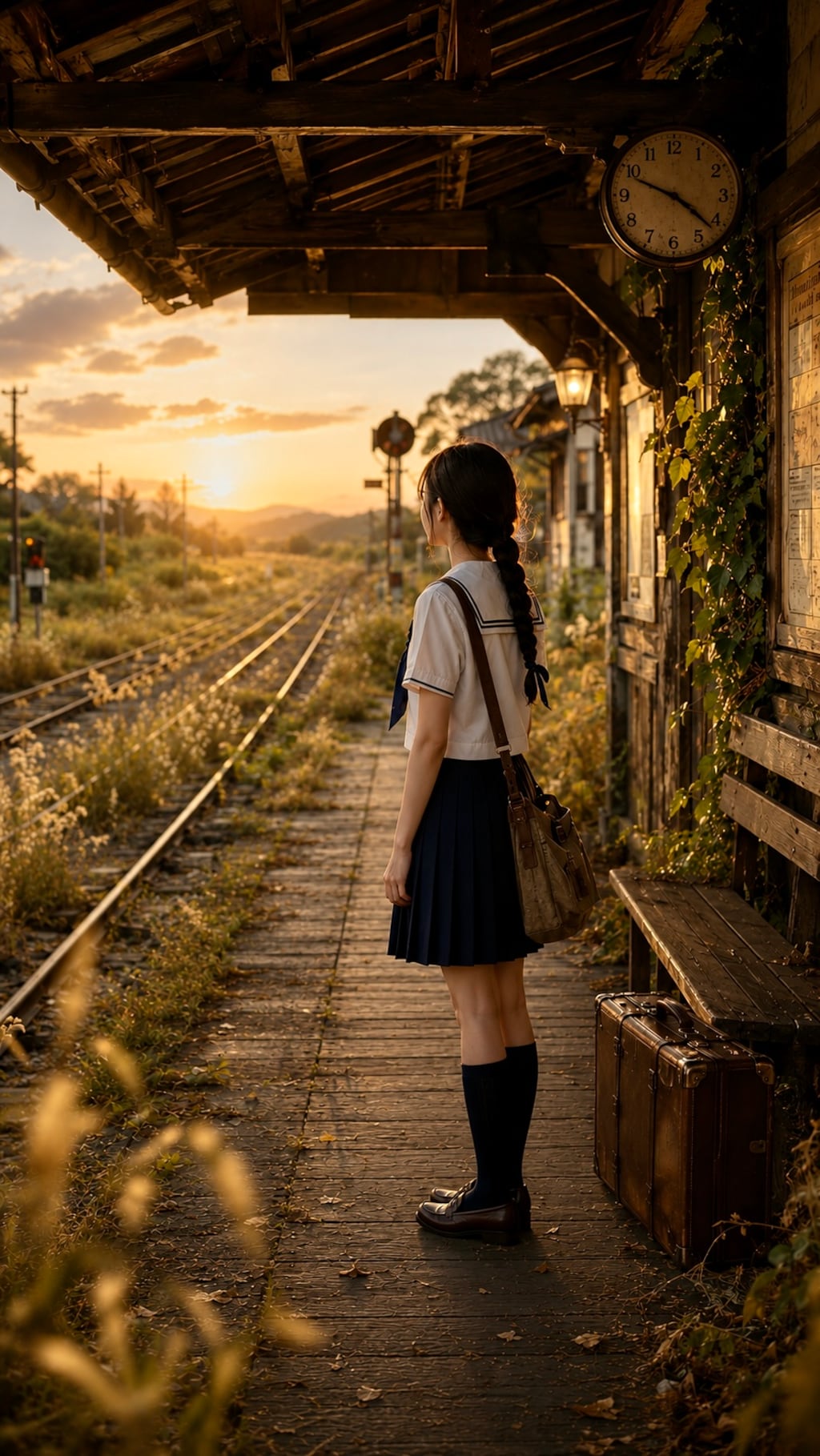 廃駅の木造駅舎で想いを馳せる少女