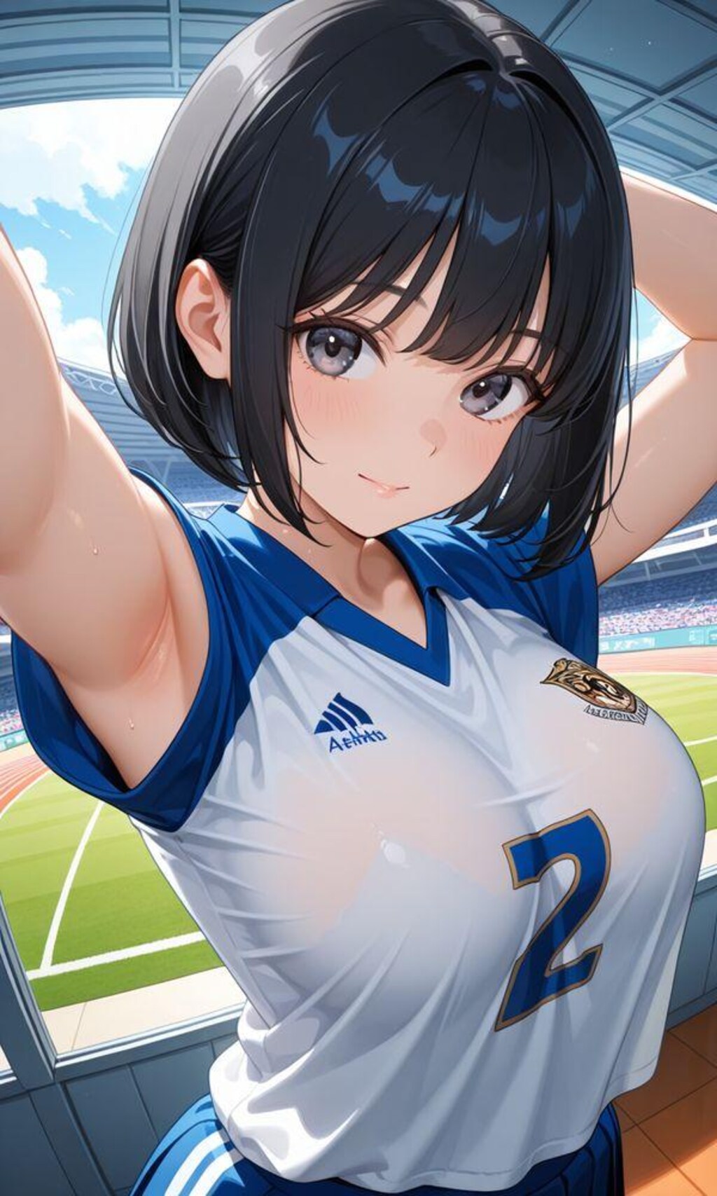 競技場にて、巨乳ちゃんの腋見せ