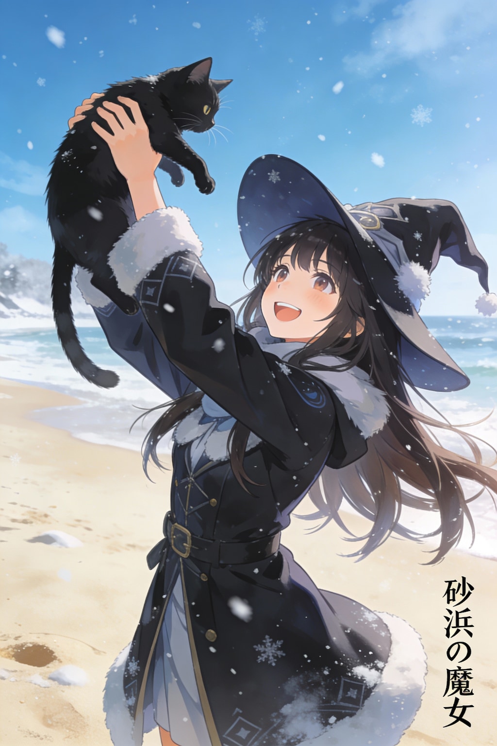 Seedream:4.5  砂浜の魔女と黒猫