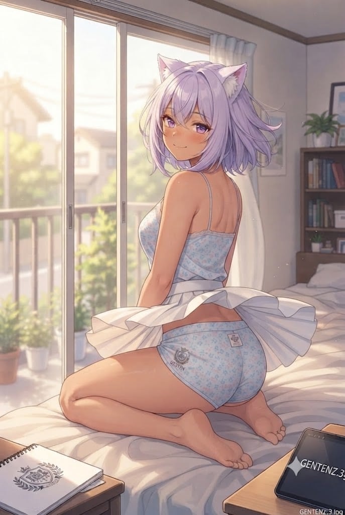 ベッドで女の子座りでパンチラのシス