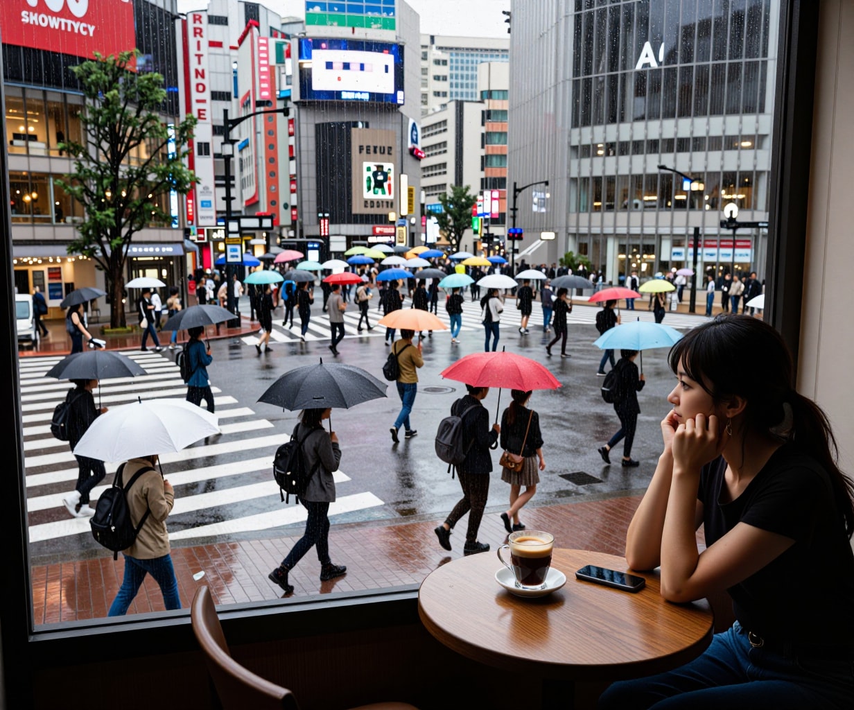 雨の月曜、傘の花、待ち合わせ